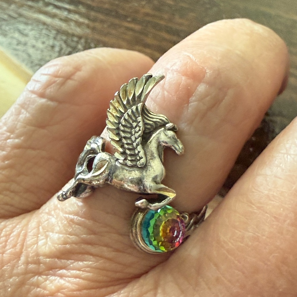 Sterling Silver Pegasus Ring with Rainbow Gemstone